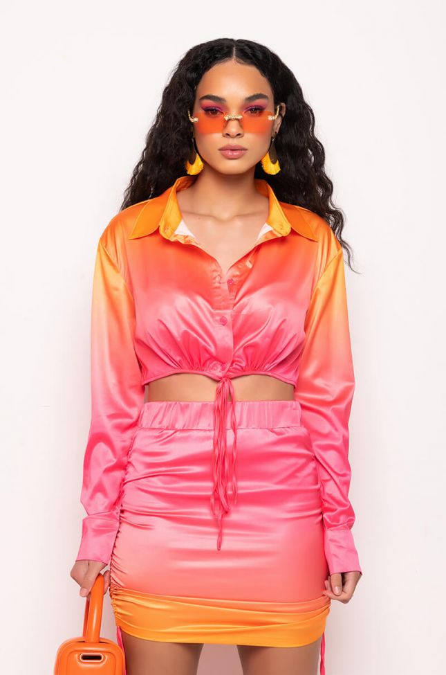 Front View Curacao Sunset Satin Crop Blouse