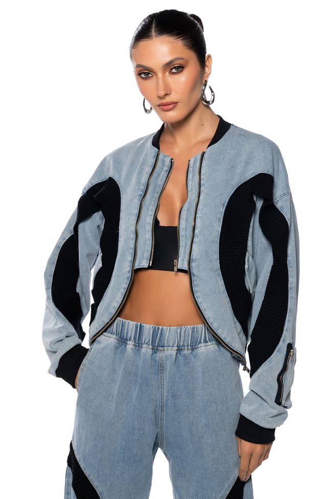 Front View Curve Effect Ribbed Trim Denim Bomber