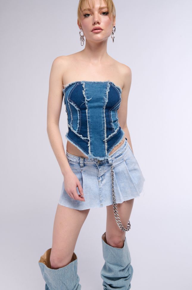 Front View Cut Me Off Strapless Denim Top