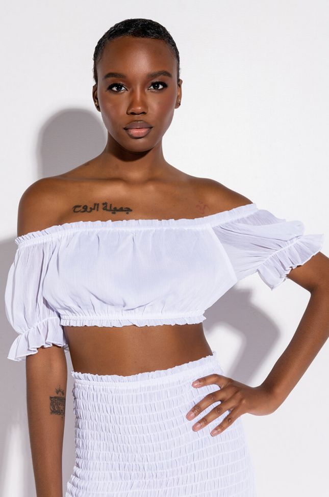 Front View Daffodil Dream Off The Shoulder Crop Top