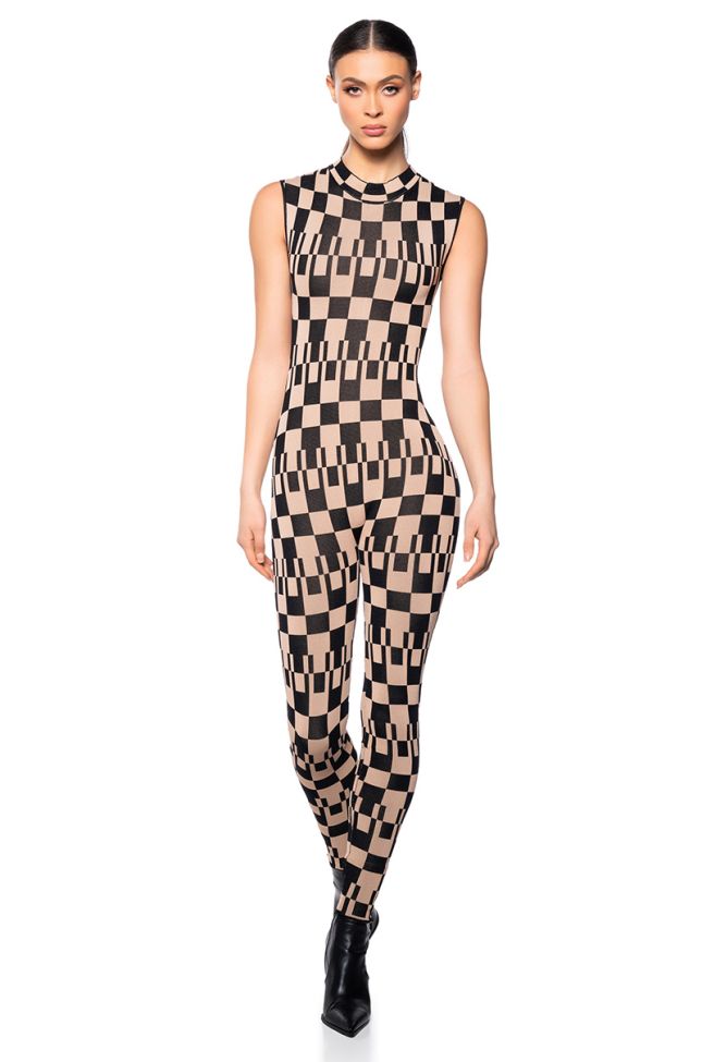 Front View Dahlia Checkered Knit Jumpsuit