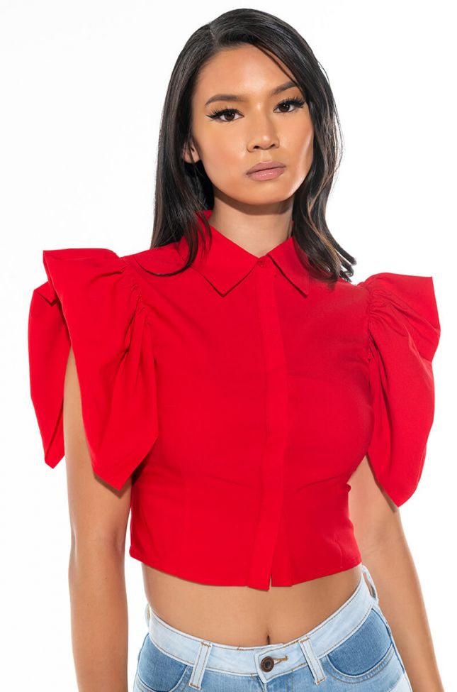 Front View Daisy Super Stretch Short Sleeve Ruffle Blouse