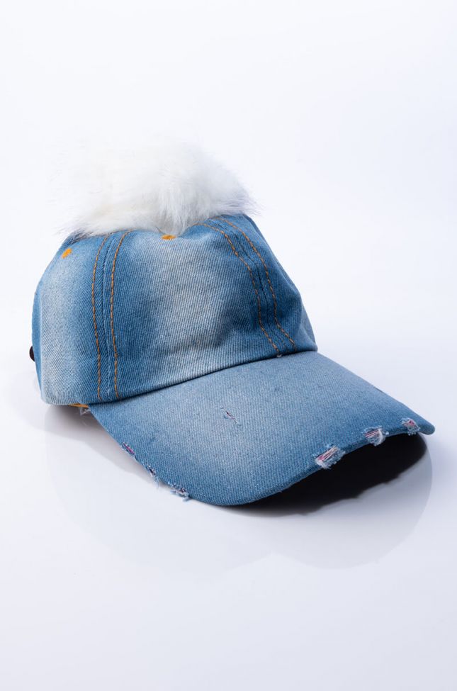 Side View Damsel In Denim Pom Baseball Hat in Light Blue