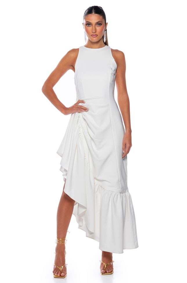 DANCE WITH ME RUCHED WAIST SLEEVELESS MAXI DRESS IN WHITE
