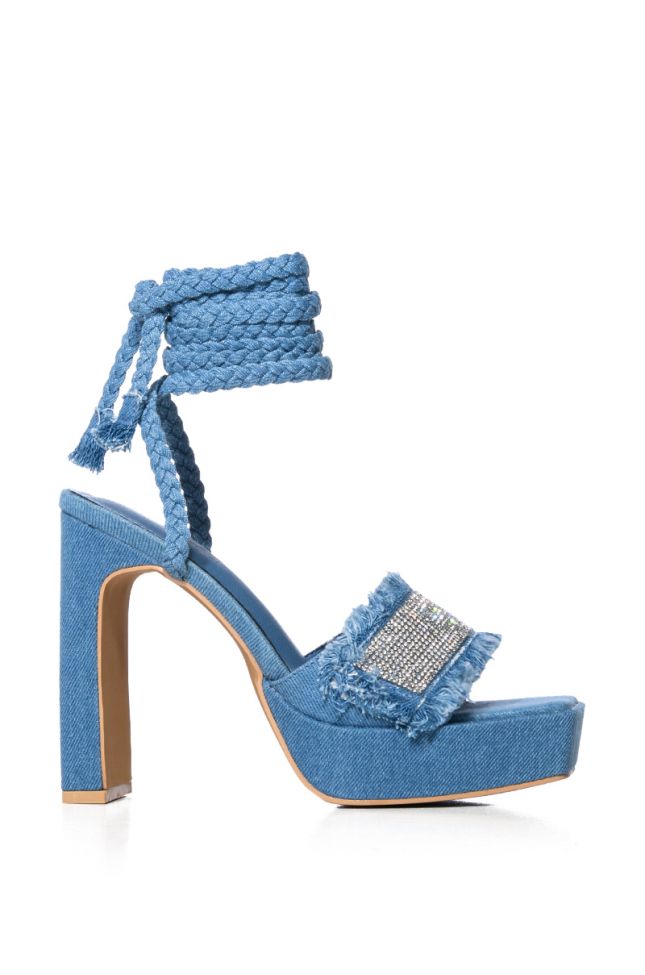 Back View Dannie Chunky Embellished Lace Up Denim Sandal In Blue