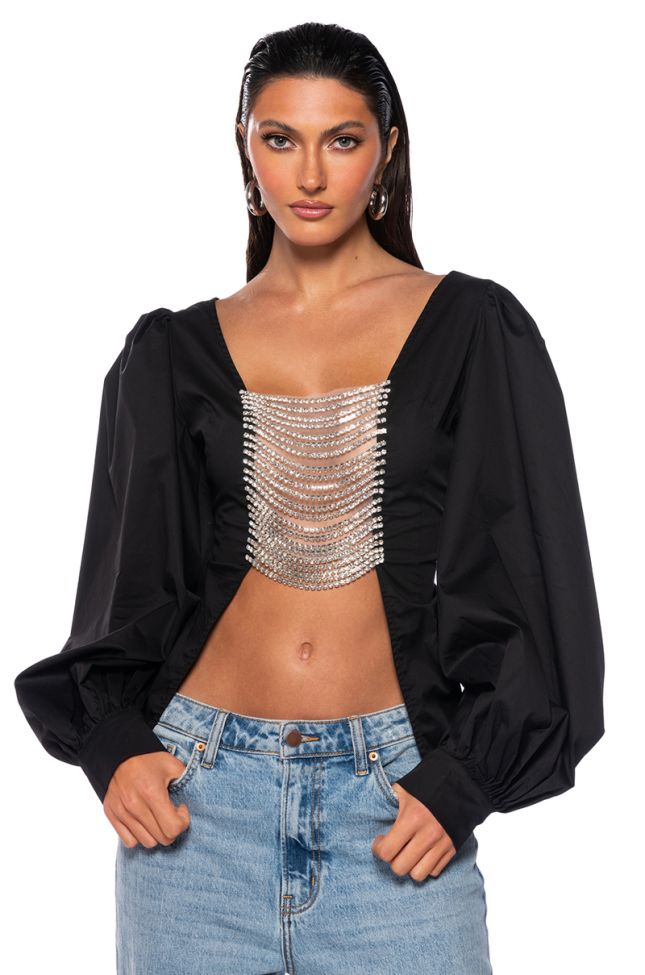Front View Dare Me Rhinestone Open Back Blouse 