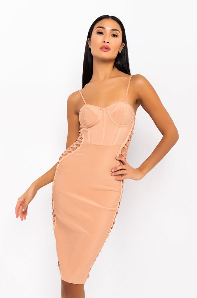 Front View Date Night Bandage Midi Dress in Nude