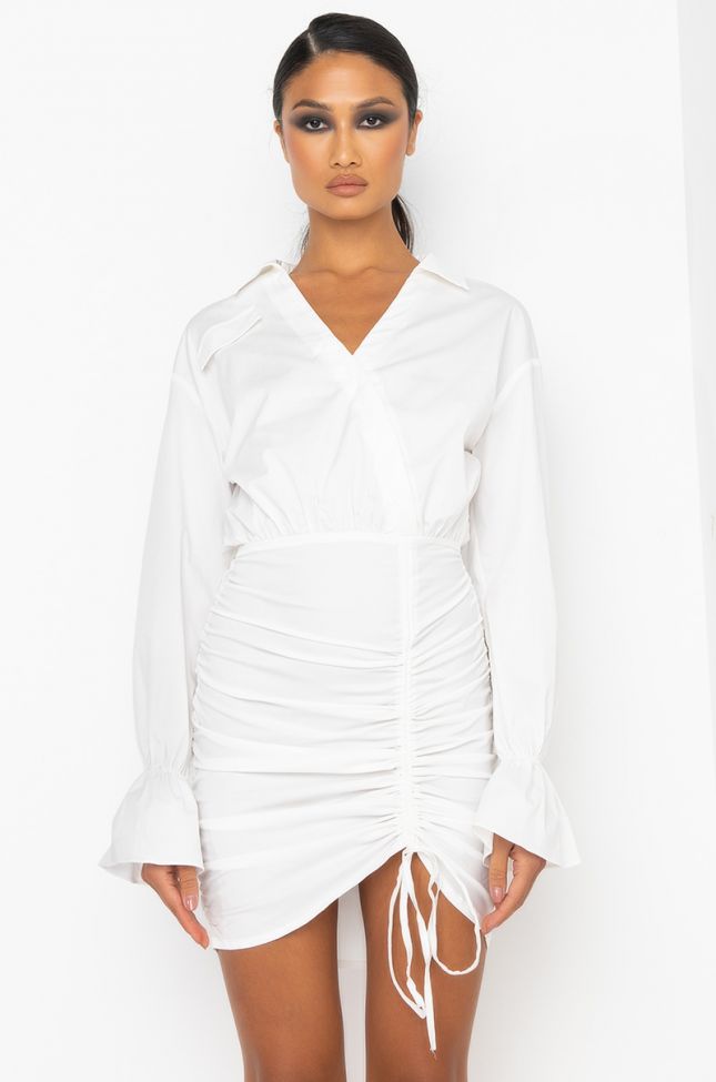 Front View Day Date Stretch Shirt Dress in White