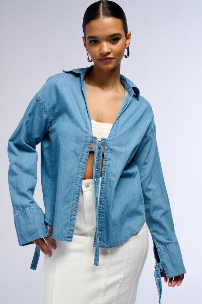 Front View Day Trip Buckled Front Denim Blouse