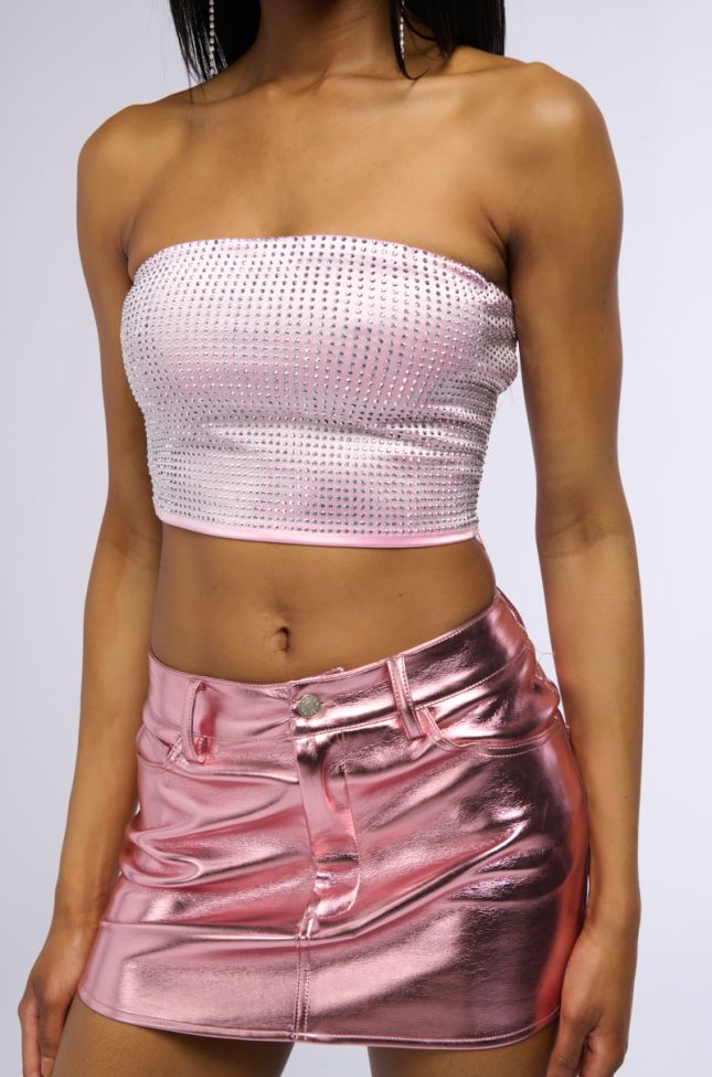 Front View Decision Maker Rhinestone Tube Top In Pink