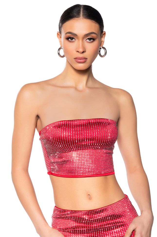 Front View Decision Maker Rhinestone Tube Top In Red