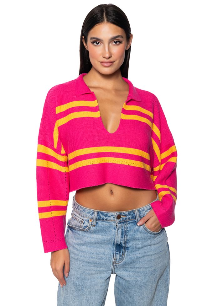 Front View Deep Feelings Striped Deep V Sweater In Pink