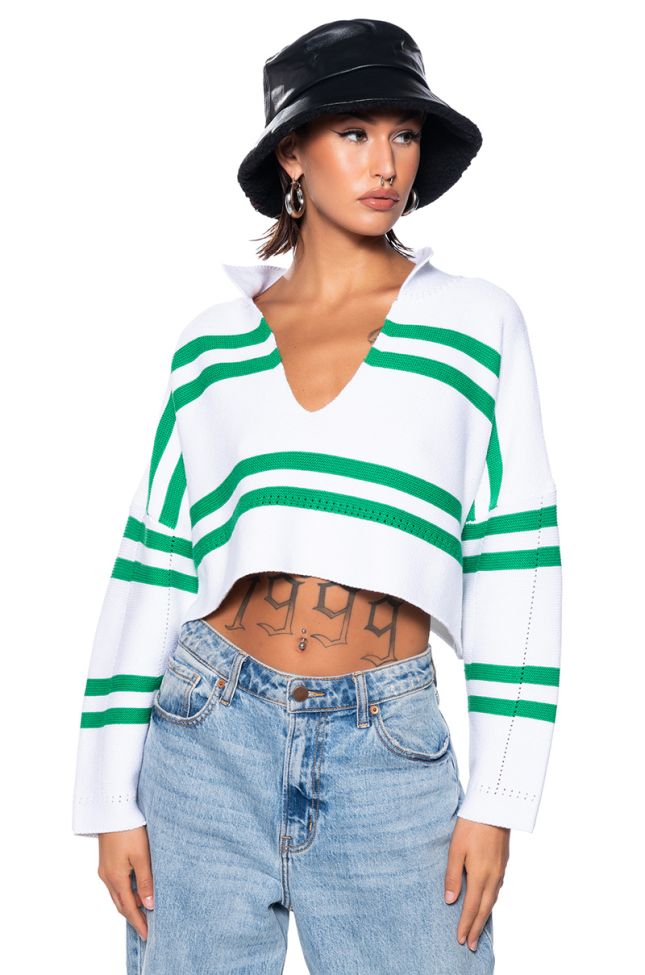 Front View Deep Feelings Striped Deep V Sweater In White