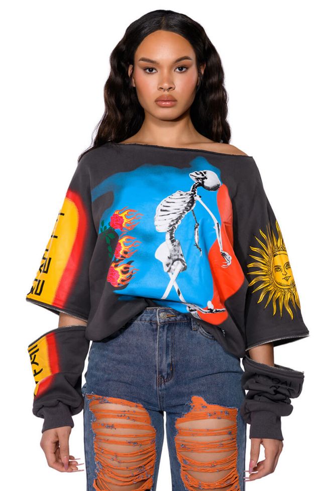 Side View Deep Thoughts Oversized Graphic Sweatshirt