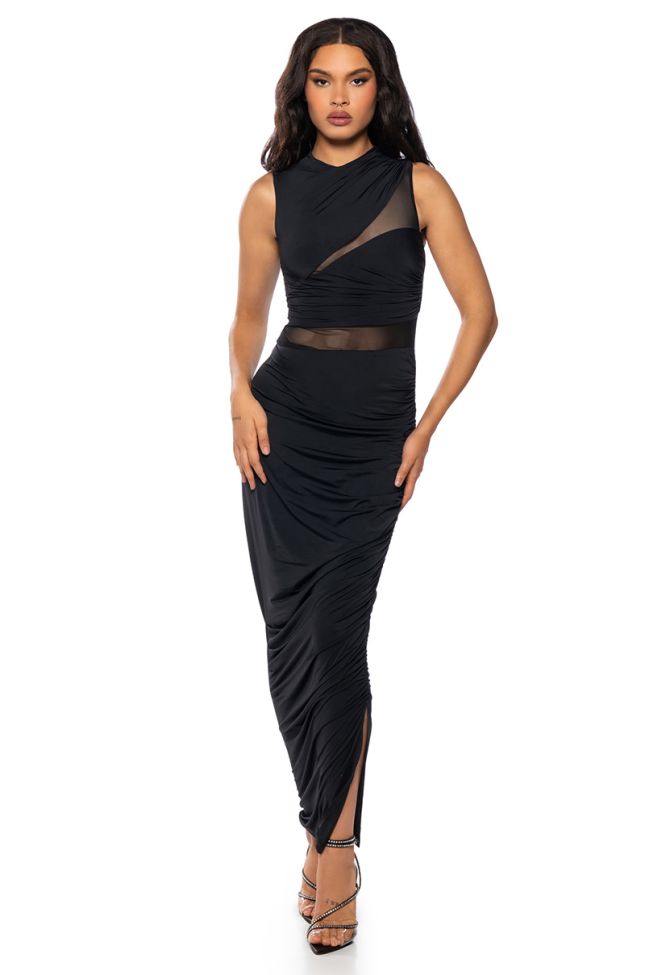 Front View Delulu Ruched Mesh Panel Maxi Dress