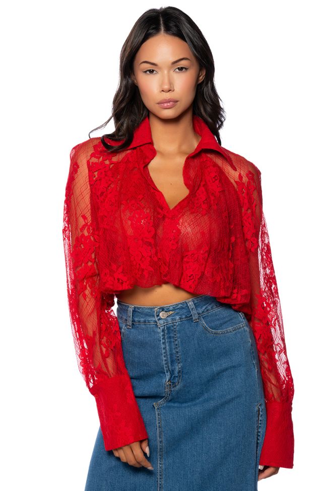 Front View Destined For Greatness Collared Lace Crop Blouse
