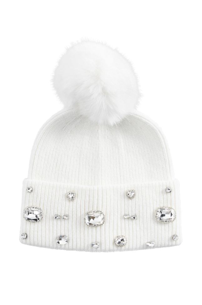 Side View Diamond Hour Embellished Beanie In White