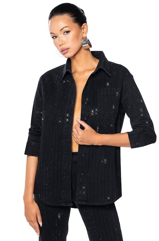 Front View Diamond In The Rough Button Down Embellished Denim Shirt