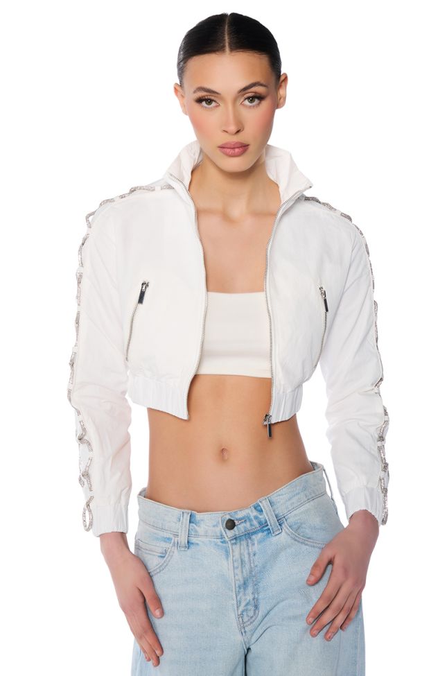 Front View Diamond Lace Up Track Jacket In White