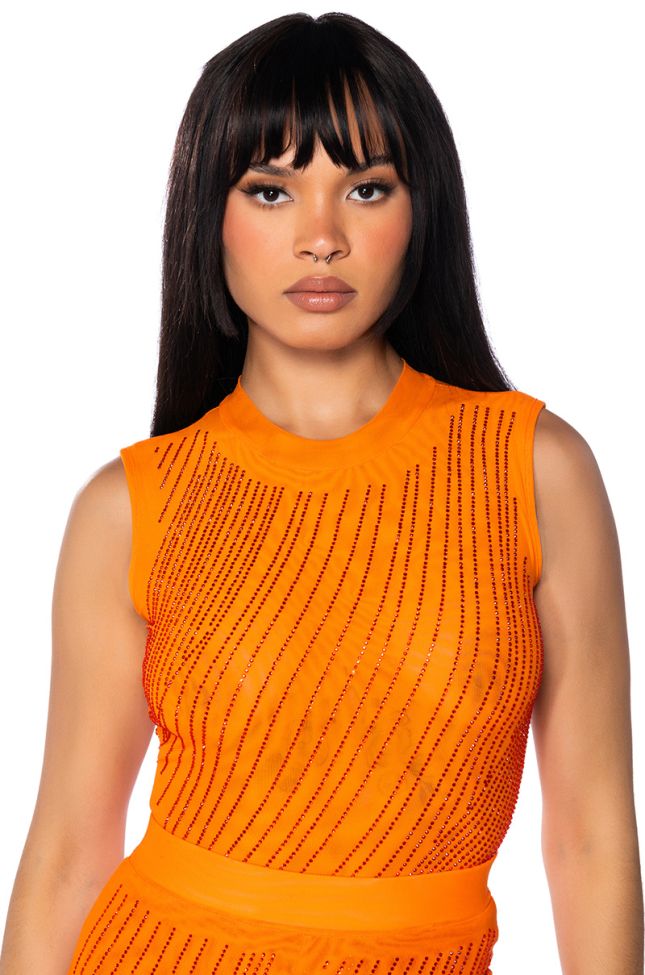Front View Diamond Mesh Sleeveless Bodysuit In Orange