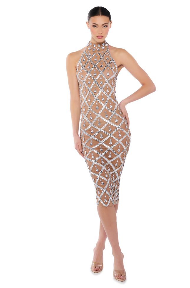 Front View Diamonds Are Forever Mesh Midi Dress In Beige