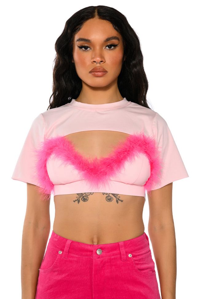 Front View Dionne Feather Trim Bra And Ultra Crop Tshirt Set