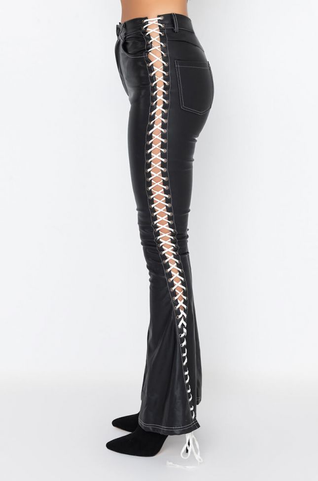 Side View Dirty Lace Up Faux Leather Flare Pant