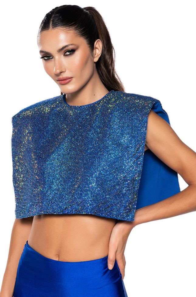 Front View Disco Babe Sleeveless Rhinestone Crop Top In Blue
