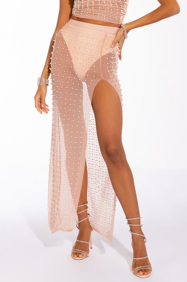 Front View Disco Doll Embellished High Slit Mesh Maxi Skirt