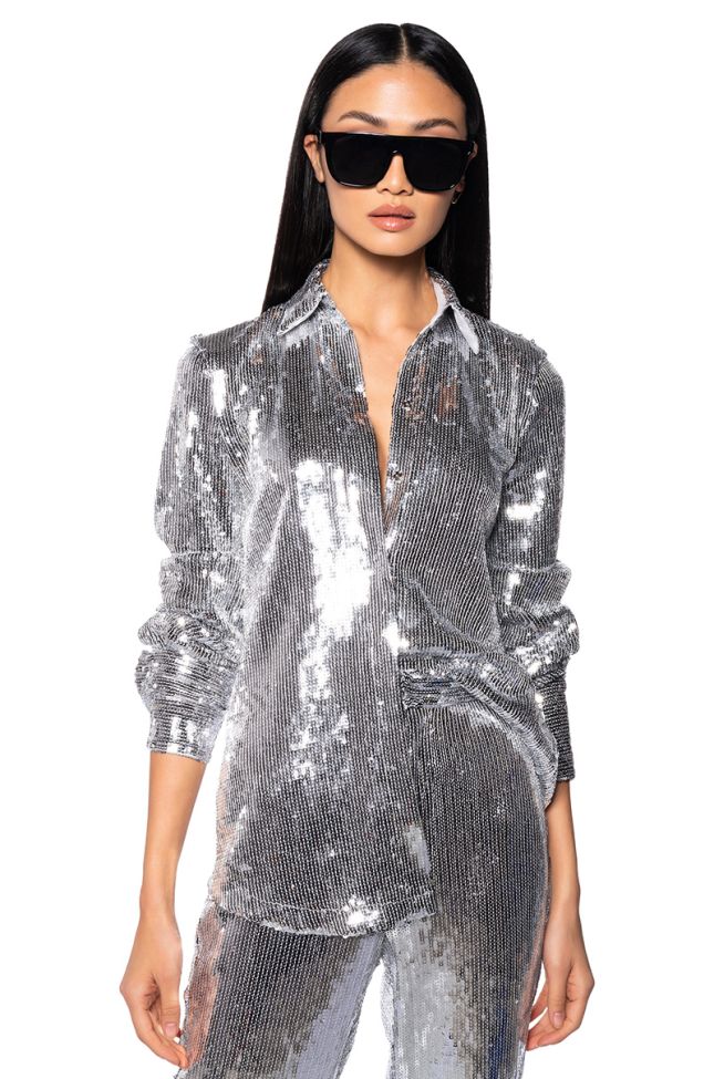 Extra View Disco Fever Sequin Embellished Button Down Top In Silver