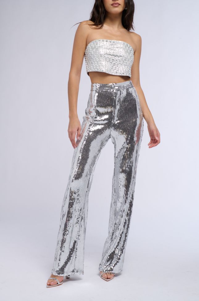 Side View Disco Fever Sequin Embellished High Waist Flare Pant In Silver