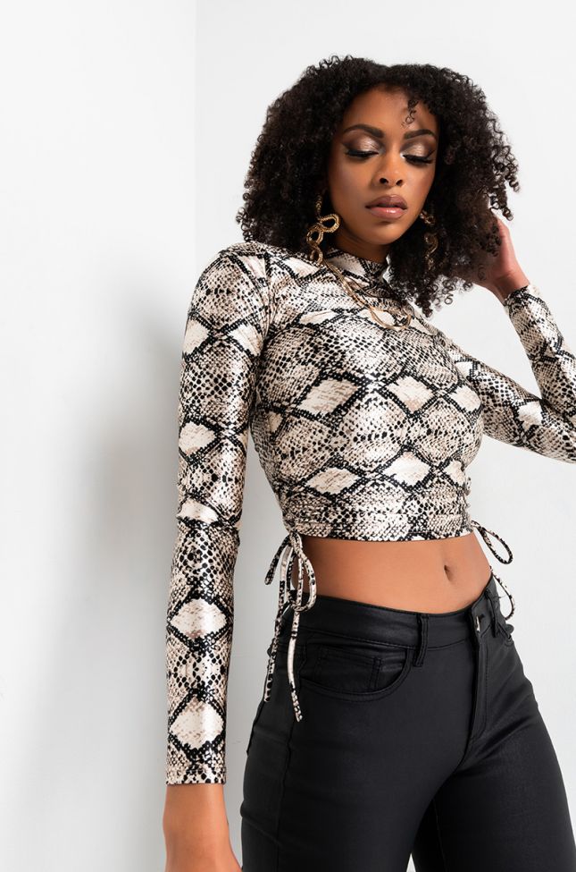 Front View Disco Snake Side Tie Crop Top in Taupe Black