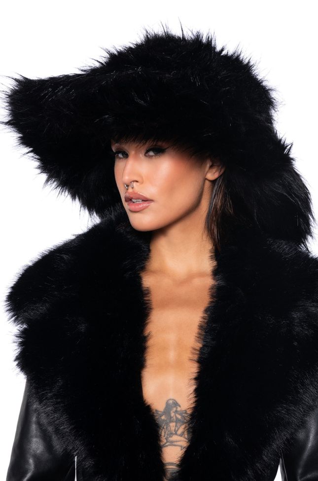 Front View Divine Feminine Oversized Faux Fur Bucket Hat In Black