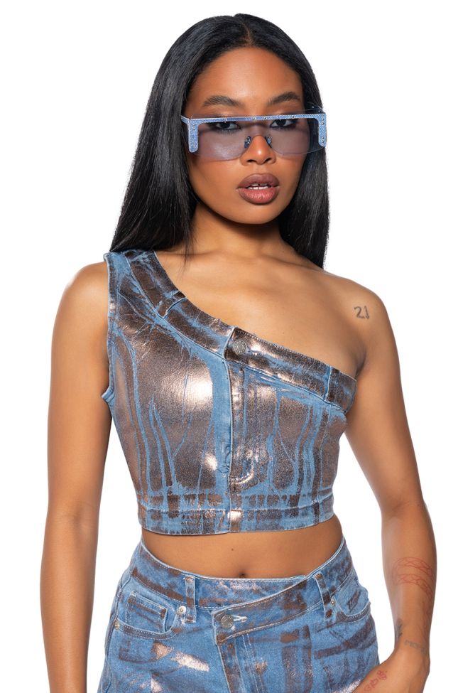 Front View Divine Timing Cropped Metallic Denim Top