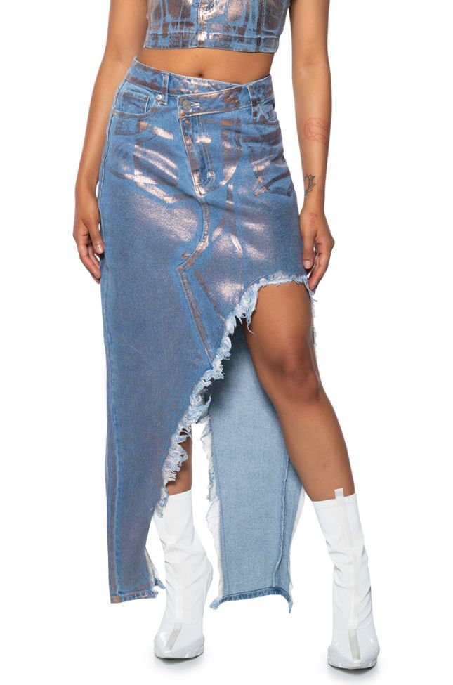 Front View Divine Timing Cut Out Metallic Denim Skirt