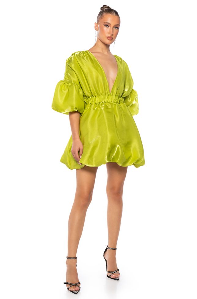 Side View Dixie Balloon Sleeve Mini Dress In Lime