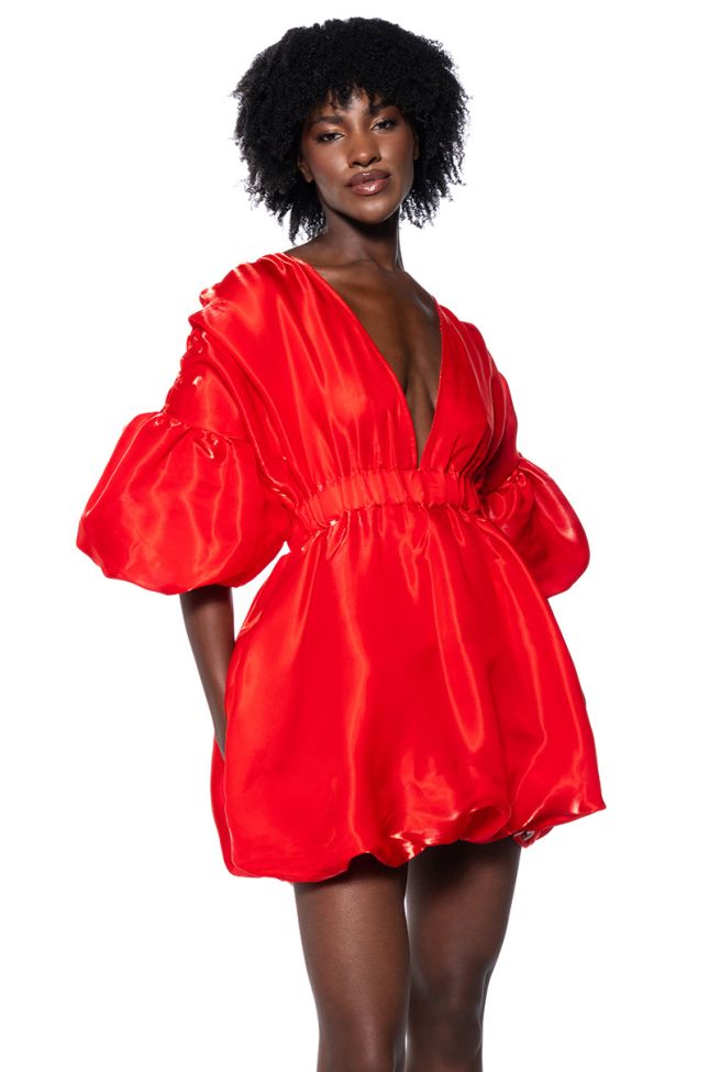 Front View Dixie Balloon Sleeve Mini Dress In Red