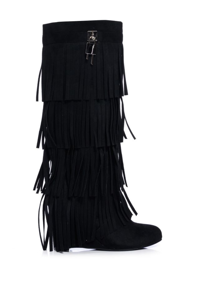 Side View Dixie Fringe Wedge Boot In Black