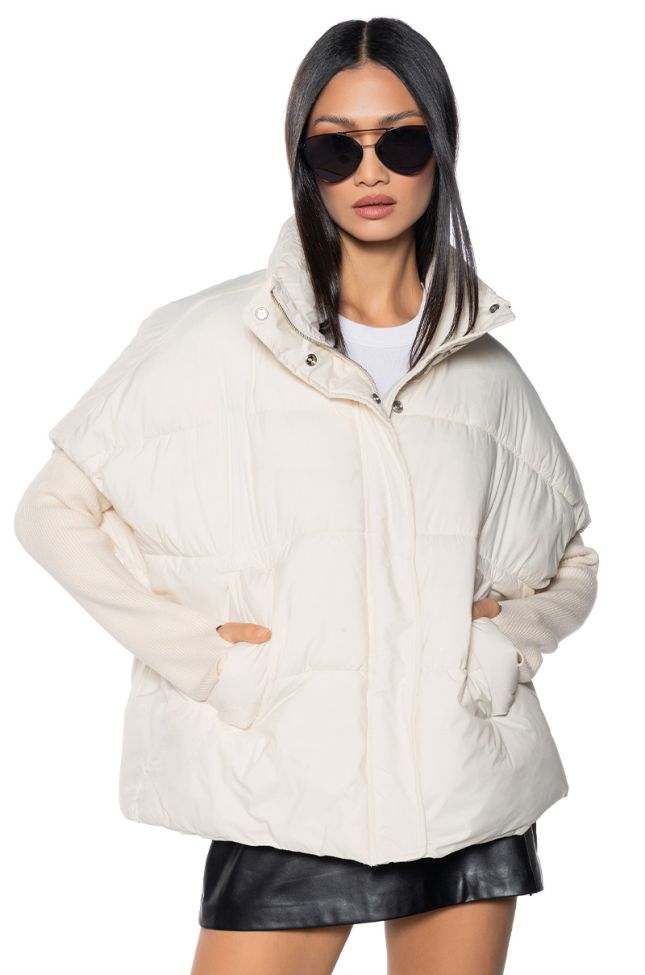 Front View Do It For Fun Ribbed Sleeve Puffer Coat