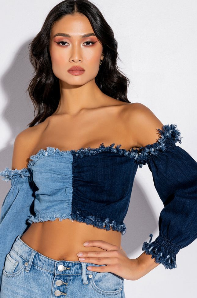 Side View Do It To It Off The Shoulder Long Sleeve Denim Top