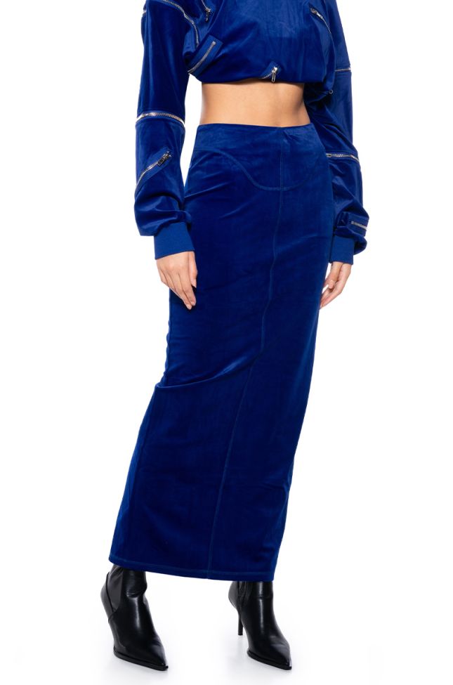 Front View Do No Wrong Velvet Maxi Skirt In Royal Blue