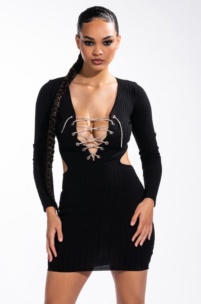 Front View Doing My Thang Rhinestone Lace Up Front Mini Dress