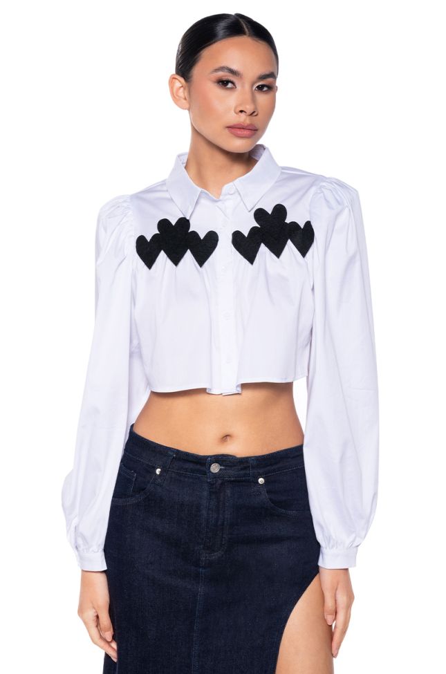 Front View Doll Face Puff Sleeve Crop Button Down