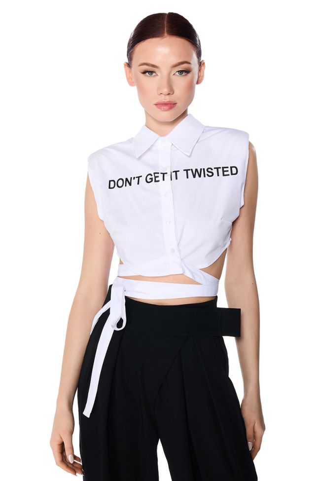 Front View Dont Get It Twisted Tie Waist Collared Poplin Shirt