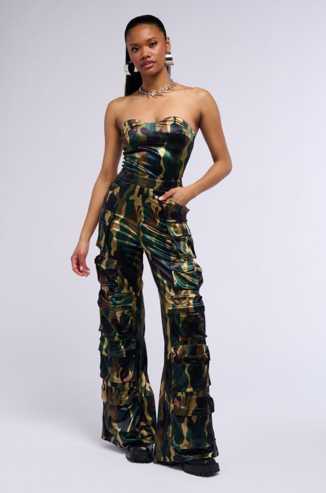 Front View Dont Mess With Me Satin Camo Jumpsuit