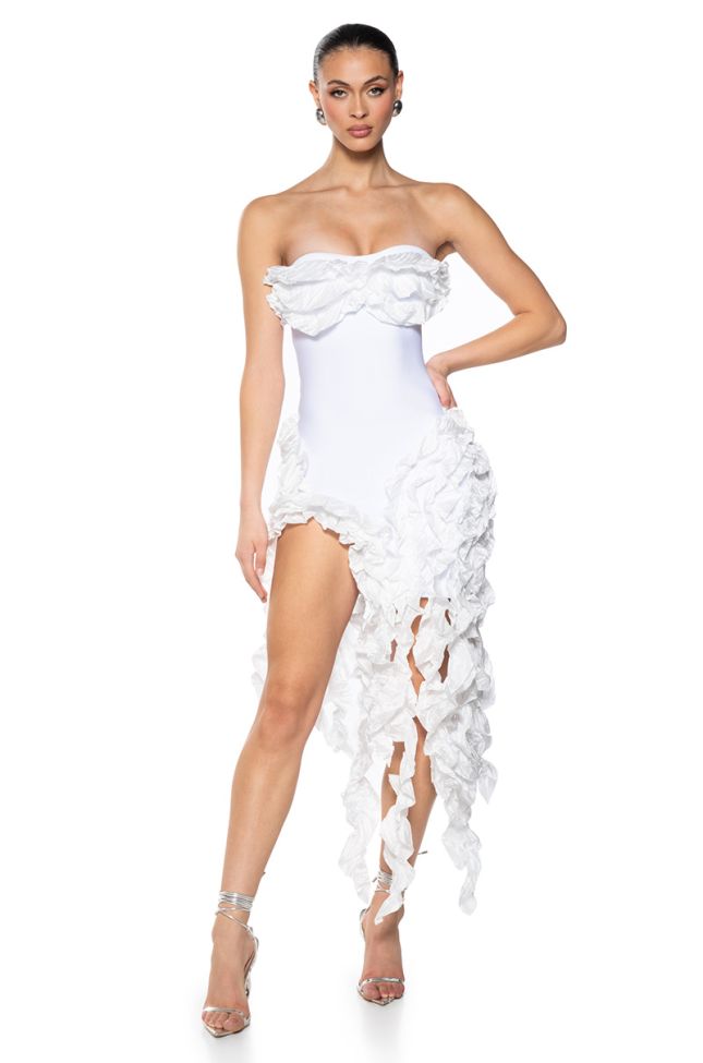Front View Dont Stop The Party Strapless Ruffle Fringe Mini Dress
