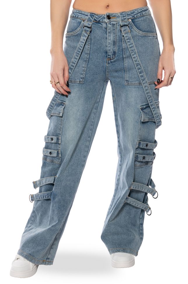 Front View Dont Take Him Back Wide Leg Suspender Cargo Jeans