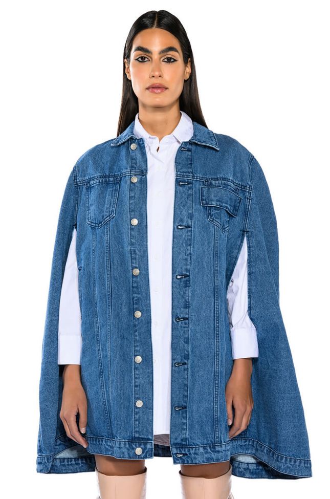 Front View Dont Talk Loud Denim Trench Poncho