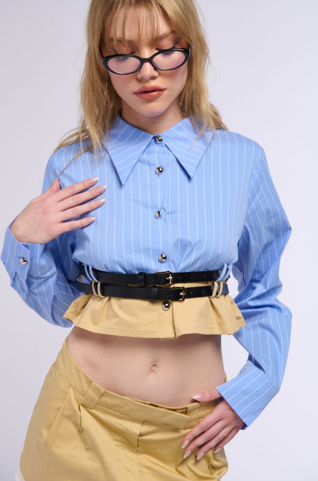 Front View Double Belted Poplin Button Down Collared Shirt