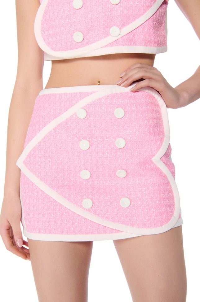 Back View Double Heart Pink Tweed Mini Skirt